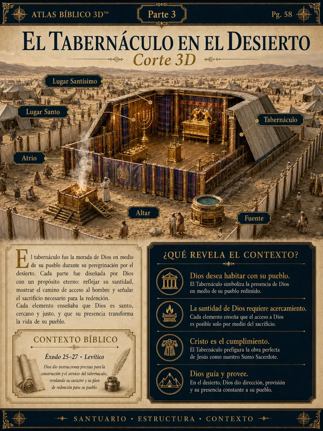 El Tabernáculo en el desierto — Corte 3D · Parte 3, página del Atlas Bíblico 3D